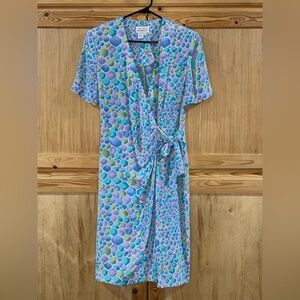 Adrianna Papell Blue and Purple Pebble geometric Midi wrap silk Dress size 8